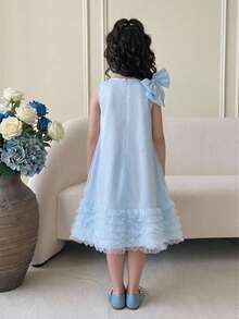 女童荷叶边下摆A字连衣裙，带蝴蝶结系带，无袖，适合派对和优雅休闲场合 - 淺藍色 - 查看 2