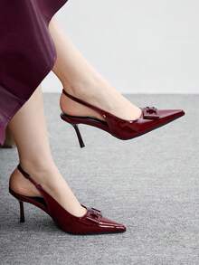 CUCCOO BIZCHIC Tacones de aguja con punta puntiaguda y correa de tobillo con hebilla metálica, sandalias de tacón alto minimalistas y de moda para mujer - Burdeos - Ver 1