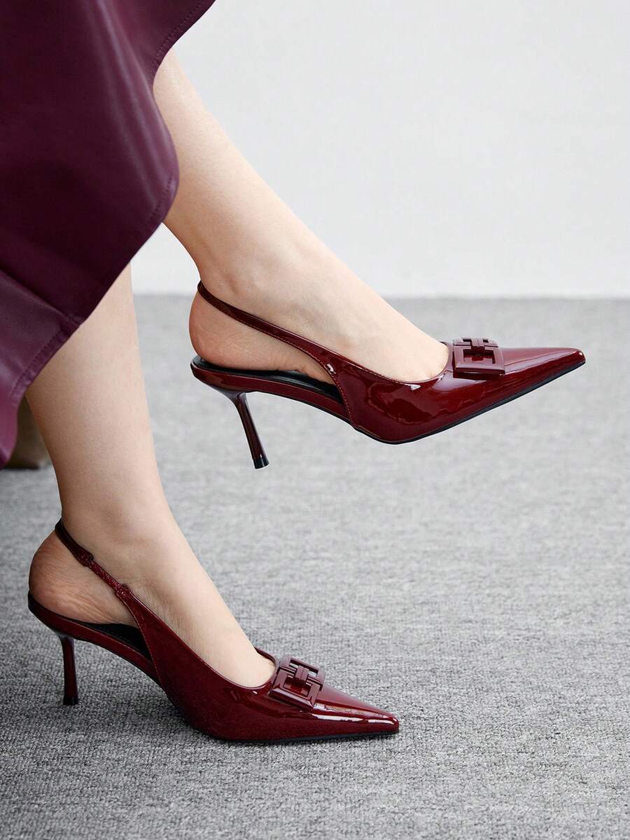 CUCCOO BIZCHIC Tacones de aguja con punta puntiaguda y correa de tobillo con hebilla metálica, sandalias de tacón alto minimalistas y de moda para mujer - Burdeos - Ver 1