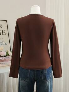 Lacomfia Plus Size Women Elegant Casual Drawstring Waist Asymmetric Hem Crew Neck Long Sleeve T-Shirt, Spring/Summer - Brown - View 2