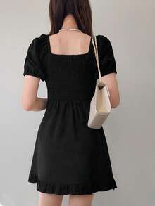 FRIFUL 女士方领蕾丝拼接蝴蝶结腰带A字长连衣裙，甜美夏日风连衣裙 - 黑色 - 查看 6