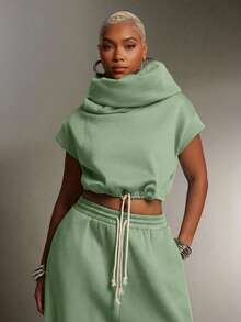 Denimoi Sudadera corta con cuello alto y cordón en la cintura, moda urbana - Verde - Ver 3