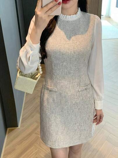 DAZY Women's Color Block Round Neck Long Sleeve Straight Elegant Commuter Dress