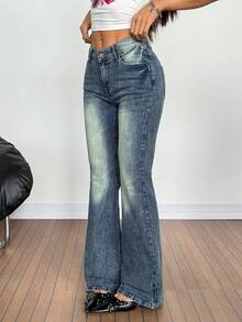 SHEIN PETITE 女士休闲百搭喇叭牛仔裤，带口袋 - 深色水洗藍 - 查看 6