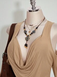 SHEIN ICON Đầm dệt kim gợi cảm kiểu Y2K cổ chữ V khoét sâu, hở vai, cỡ lớn. - màu nâu - Xem 5