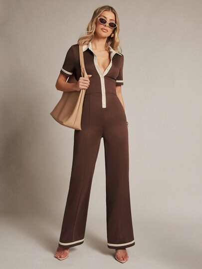Hauture Women's Casual Patchwork Button Jumpsuit Pants For Holiday & Daily Wear