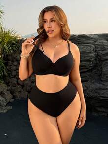 Swim Lushoire 大码女士极简主义沙滩度假休闲黑色纹理钢圈可调节肩带两件式泳衣套装 - 黑色 - 查看 3