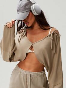 Denimoi 露肩纽扣前开襟短款轻薄卫衣，日常穿着，适合普拉提运动，性感上衣 - 杏色 - 查看 1