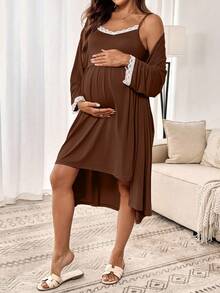 SHEIN 2件套孕妇蕾丝袖睡袍哺乳吊带裙，休闲套装 - 鏽棕色 - 查看 6