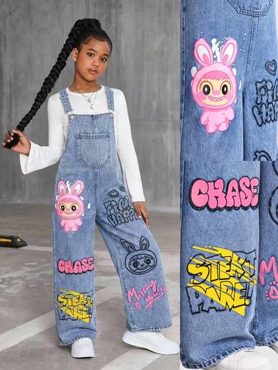 SHEIN Girls' Fashionable Floral, Heart, Rainbow & Graffiti Print Casual, Soft, Adjustable Strap Loose Fit Denim Jumpsuit, Suitable For Layering With Short/Long Sleeve Tops, Perfect For Daily Wear, Outings And Travels