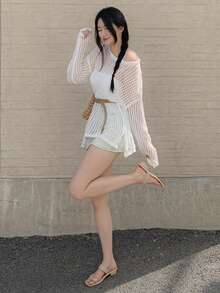 DAZY Bohemian Style Hollow Out Long Sleeve Knitted Cover Up, Design-Focused Women Sweater - White - View 7