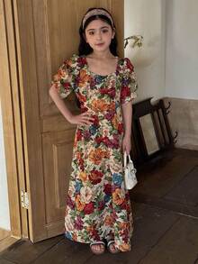 DAZY Tween Girl Floral Jacquard Petal Sleeve Mini Dress - Red - View 7