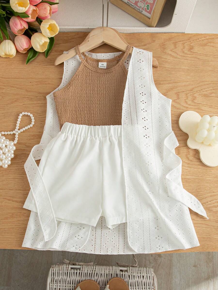 SHEIN Elladie kids 女童夏季新款简约吊带露脐背心,休闲直筒白色短裤,无袖针织提花薄外套(带腰带装饰),三件套舒适休闲时尚套装 - 彩色 - 查看 1