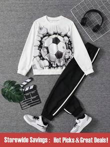 SHEIN Chico preadolescente fútbol con estampado Pullover & con cinta en contraste Pantalones deportivos - Blanco y Negro - Ver 1