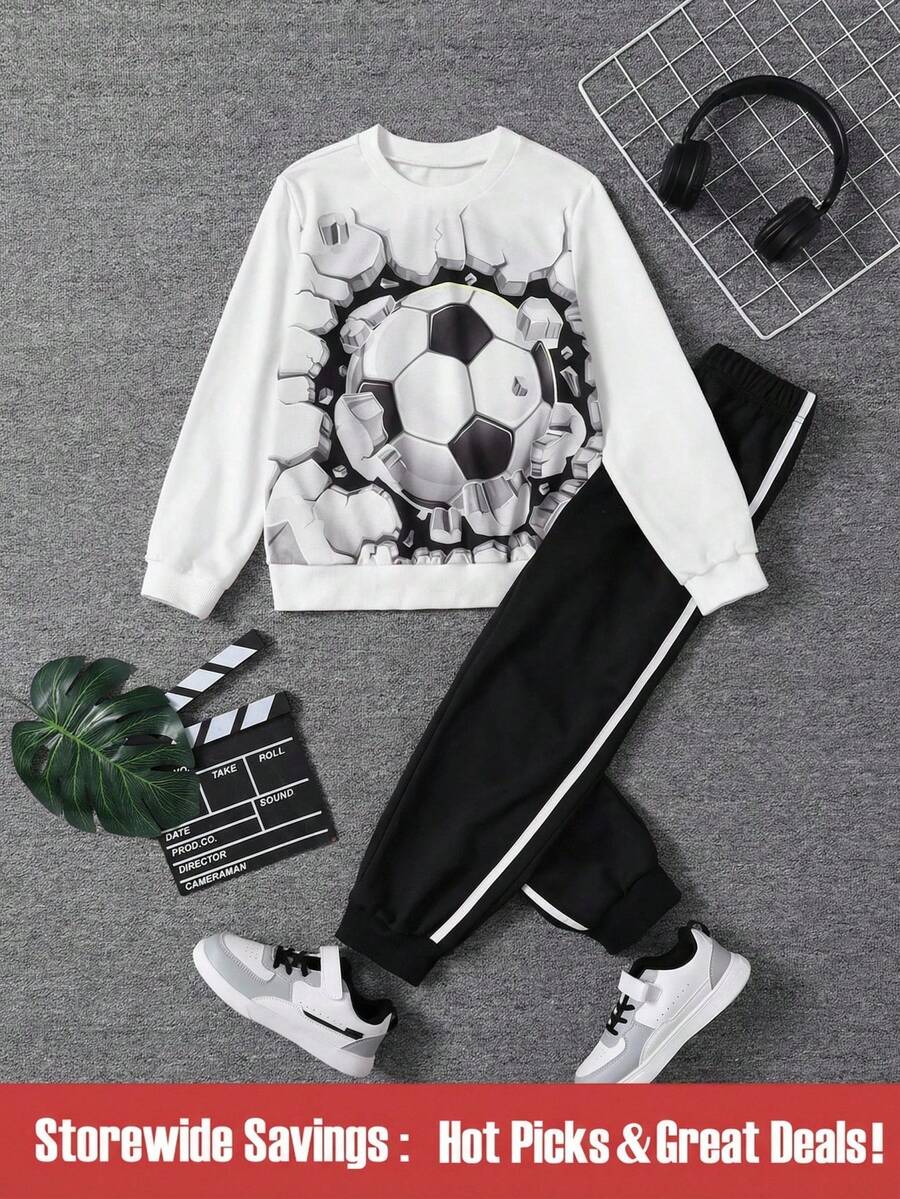 SHEIN Chico preadolescente fútbol con estampado Pullover & con cinta en contraste Pantalones deportivos - Blanco y Negro - Ver 1