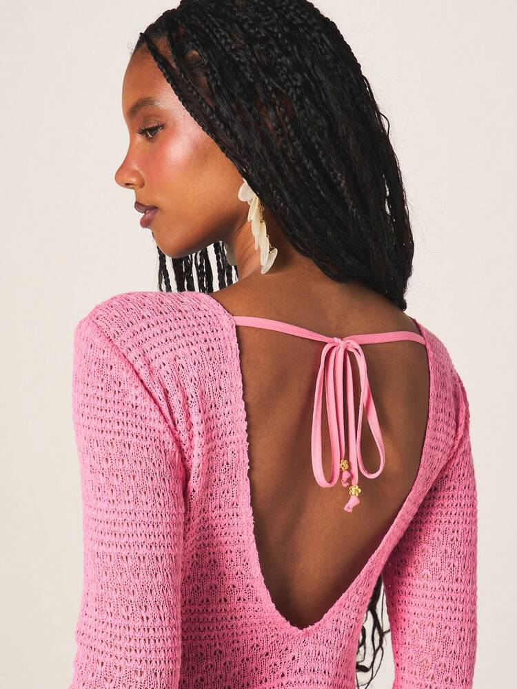 MISSGUIDED Long Sleeve Crochet Mini Dress Pink Open Knit Bodycon Party Cocktail Tie Back Detail Casual Day Evening Wear