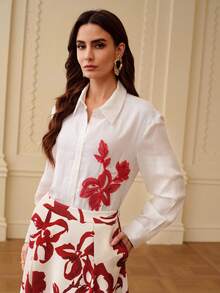 ZEYLAH Women's Spring/Autumn Casual Elegant Vacation Commute Brunch Plant Embroidery Beaded Decor Long Sleeve White Floral Blouse - White - View 5