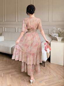 DAZY Women's Elegant Floral Shirred Ruffle Sleeve Midi Dress, Summer - Pink - View 2