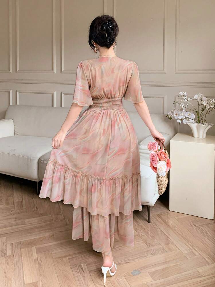 Women's Elegant Floral Shirred Ruffle Sleeve Midi Dress, Summer