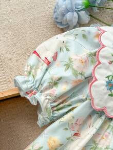 Cozy Pixies 女婴碎花圆领无袖收腰连衣裙，百搭舒适 - 霧霾藍 - 查看 6