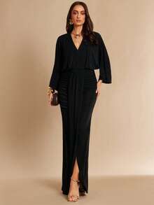 Silquee 女士优雅派对纯色蝙蝠袖连衣裙 - 黑色 - 查看 3