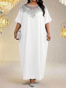 SHEIN Lady Đầm nữ cỡ lớn phối lưới, cổ tròn, tay cánh dơi, dáng rộng. - trắng - Xem 4
