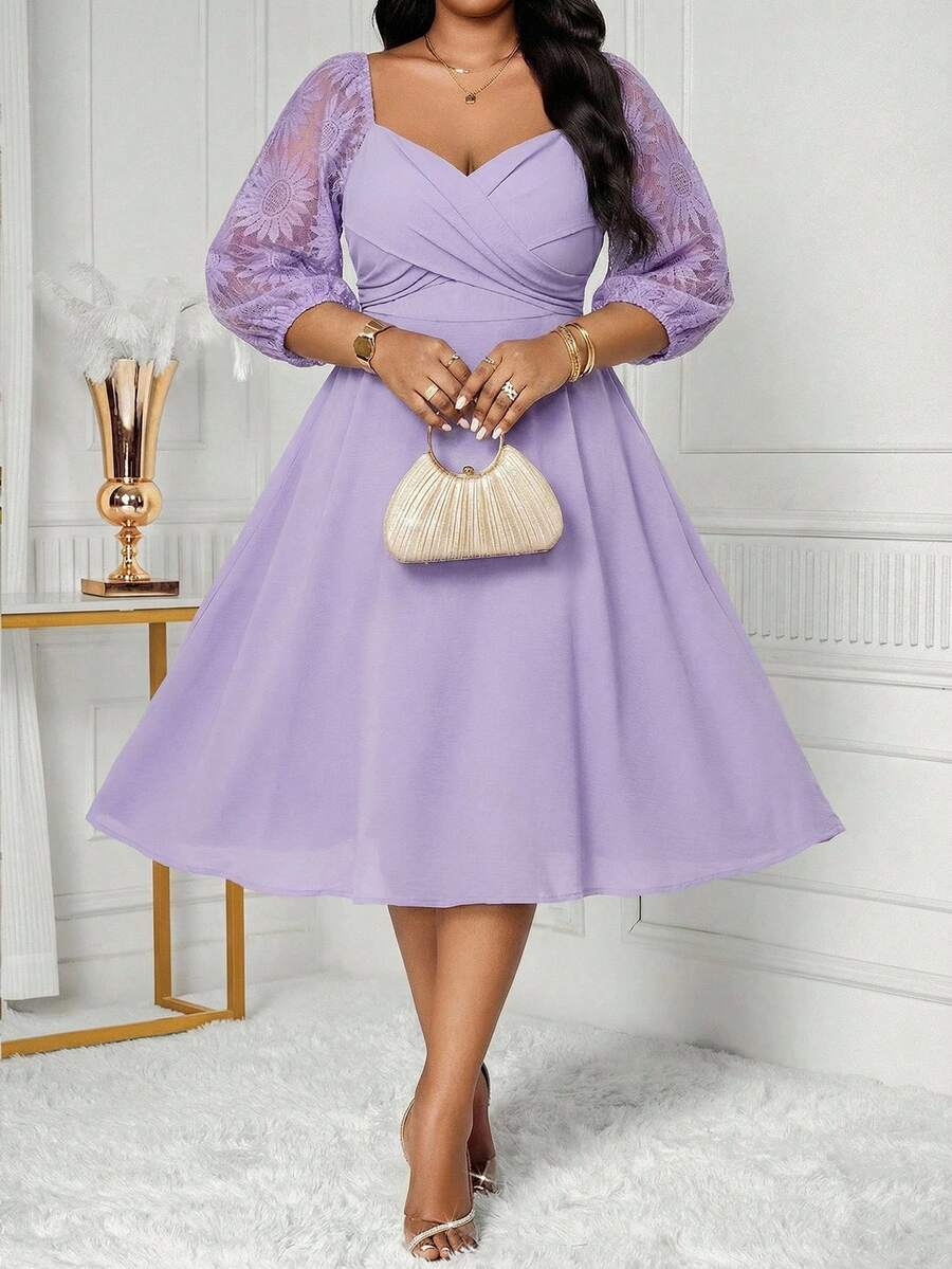 SHEIN Lady Đầm dài tay màu trơn cỡ lớn, tối giản và thời trang, phù hợp cho mùa hè, lễ Phục sinh, lễ tốt nghiệp, dự tiệc cưới, trang phục công sở thường ngày. - Màu tím - Xem 1