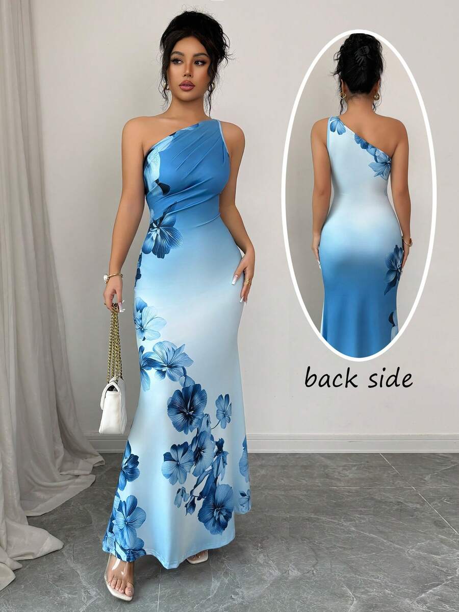 Elenzga 浪漫印花荷叶边肩部收腰喇叭形长款连衣裙，优雅休闲度假连衣裙，时尚蓝色印花长款连衣裙 - 藍色 - 查看 1