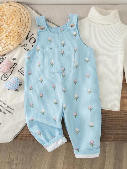 SHEIN Conjunto de peto de pana con estampado de corazones para bebés niñas/unisex de 0 a 3 años, estilo casual con bolsillo en el pecho, adecuado para juegos al aire ocio