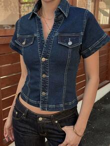 DAZY Áo sơ mi denim nữ cổ bẻ, ôm eo, cổ chữ V - Màu xanh lam - Xem 3