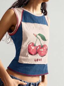 Bohemela 针织修身圆领女式休闲水果印花撞色背心樱桃图案背心女式夏季上衣无袖图案T恤可爱图案背心 - 彩色 - 查看 4