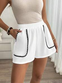 Louniche Women's Casual Elastic Waist Shorts With Contrast Trim, Summer - White - View 4