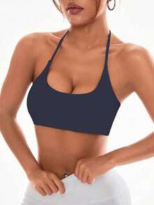 Slayform Slayform Women's Solid Color Backless Halter Sports Bra - Navy Blue - View 7