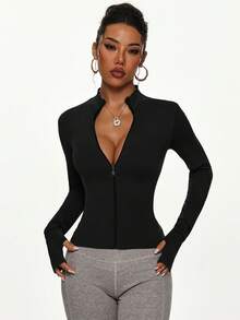 Velisys 2pcs Black & Coffee Seamless High Stretch Zip-Up Jacket Set - Multicolor - View 4