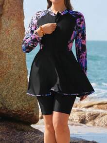 Swim Mulvari Plus Size Women's Patchwork Palm Tree Print Long Sleeve Tankini Top And Shorts Swimwear Set, Vacation Burkini - Black - View 5