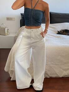 DAZY 女士夏季褶皱抹胸露背系带休闲性感牛仔短款上衣 - 中等水洗藍 - 查看 5