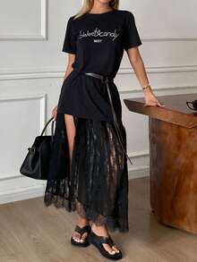 DAZY 女士字母印花短袖T恤和蕾丝裙休闲两件套 - 黑色 - 查看 1