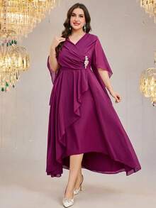 Reflora Đầm midi ngắn tay xếp ly màu trơn dành cho nữ cỡ lớn, thanh lịch - Màu đỏ tím - Xem 2