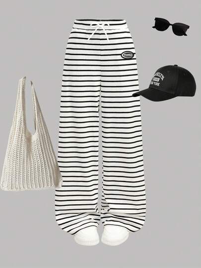 Girlism Tween Girls Casual Loose Fit High Waist Straight Leg Pants, Black Striped Knit Fabric, Pockets, Sporty Style For Summer