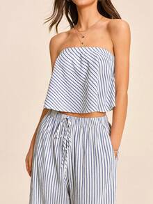 Coeurva 女士春夏时尚休闲优雅浪漫简约条纹两件套，适合日常穿着，蓝色两件套和白色两件套 - 藍白色 - 查看 9