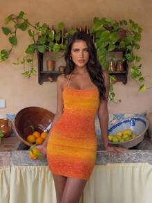 Aloruh Women's Ombre Spaghetti Strap Bodycon Backless Sleeveless Sweater Dress - Burnt Orange - View 3