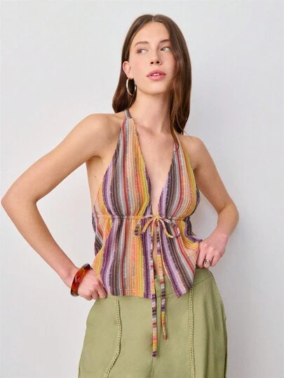 Nöista Multicolored Knit Vertical Stripes Halter Top And A Plunging Neckline With A Tie-Front Detail. Spirng, Summer, Boho, Festival, Beachwear.