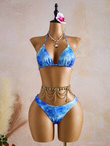 Bellisia 女士橙粉色碎花蛋糕裙三件套泳衣 - 藍色 - 查看 4