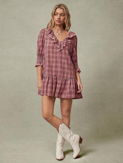 WESTFADE Plaid Ruffle Collar 3/4 Puff Sleeve Smocked Lace Trim Drop Waist Loose Fit Mini Dress Winter, Spring, Resort, Valentine's Day, Casual, Cute, Boho, Western Wear For Women, Nashville, Vacation