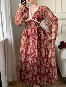 DAZY 春夏红色波西米亚风印花长裙，优雅百搭，适合情人节、婚礼、派对、正式场合，喇叭袖，高开衩，腰部系带，撞色拼接，修身剪裁，长袖，中长款连衣裙 - 酒紅色 - 查看 6