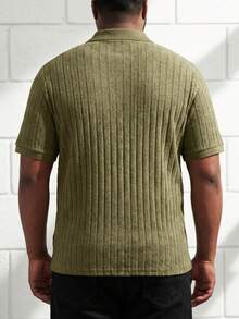 Manfinity Homme 男士加大纯色罗纹针织 Polo 衫，纯色领衬衫 - 軍綠色 - 查看 3