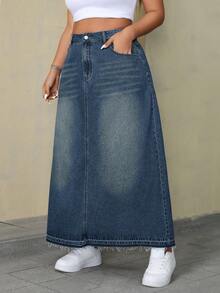 SHEIN ICON Váy denim dài dáng rộng, thoải mái, chất liệu denim mài. - Rửa tối - Xem 5