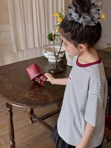 DAZY Camiseta de manga raglán holgada y a rayas para uso diario de niñas preadolescentes, verano - Multicolor - Ver 3