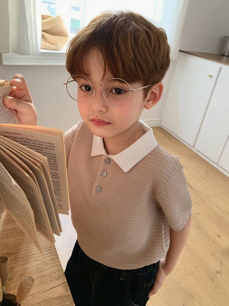Young Boy Colorblock Polo Collar Short Sleeve Casual Sweater