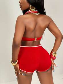 BamGleam Women's Sexy Letter & Number Print Backless Halter Romper, Summer - Red - View 2